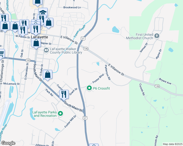 map of restaurants, bars, coffee shops, grocery stores, and more near 117 Foster Circle in LaFayette