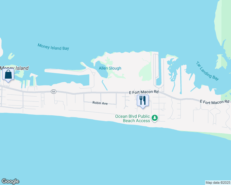 map of restaurants, bars, coffee shops, grocery stores, and more near 1130 North Carolina Highway 58 in Atlantic Beach