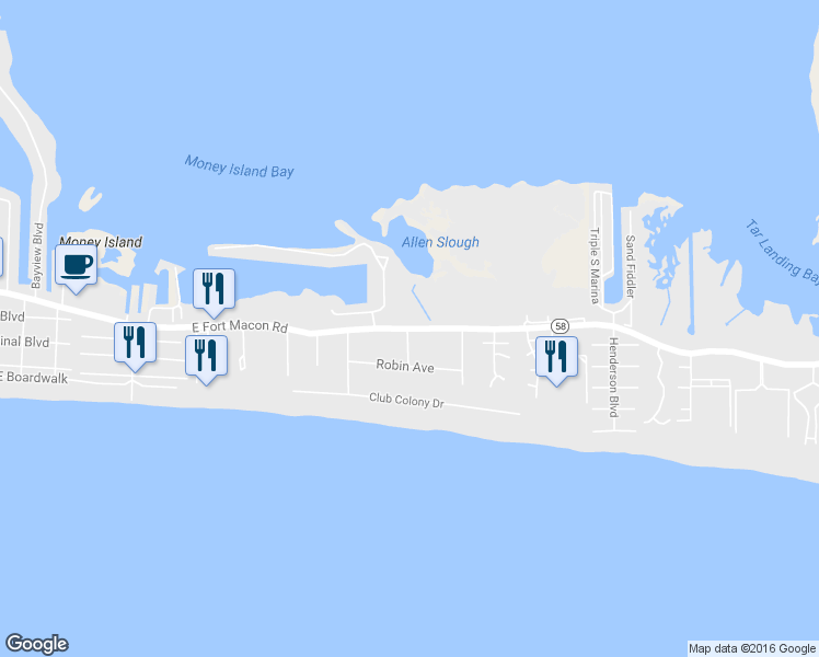 map of restaurants, bars, coffee shops, grocery stores, and more near 1100 E Fort Macon Rd in Atlantic Beach