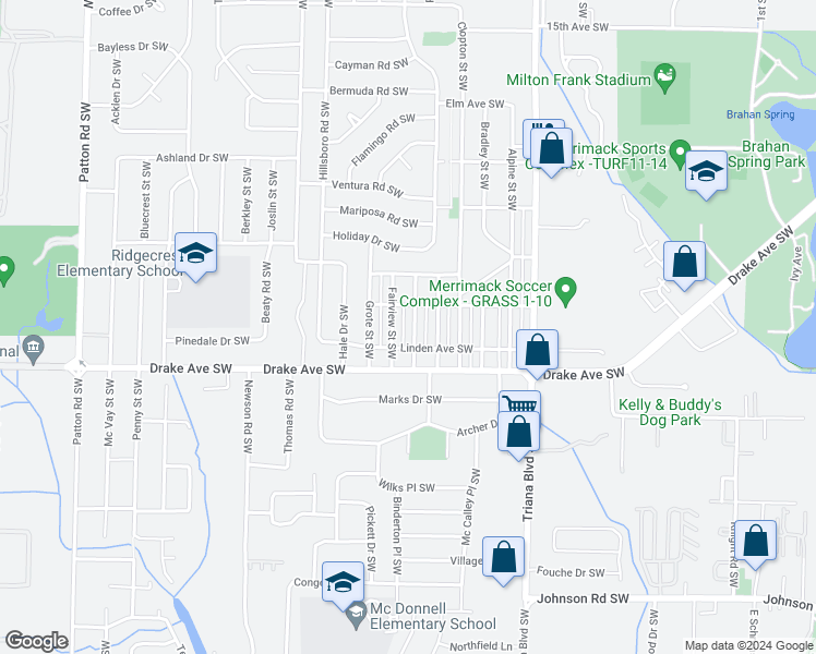 map of restaurants, bars, coffee shops, grocery stores, and more near 3608 Emm Ell Street Southwest in Huntsville