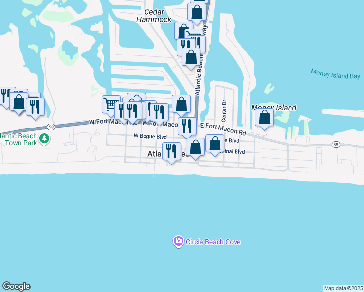 map of restaurants, bars, coffee shops, grocery stores, and more near in Atlantic Beach