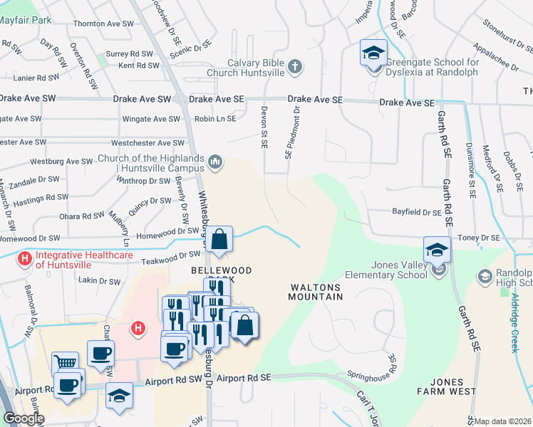 map of restaurants, bars, coffee shops, grocery stores, and more near 3607 Whitesburg Drive in Huntsville