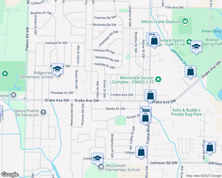 map of restaurants, bars, coffee shops, grocery stores, and more near 3608 Emm Ell Street Southwest in Huntsville