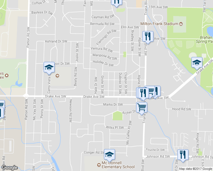 map of restaurants, bars, coffee shops, grocery stores, and more near 3611 Grote Street Southwest in Huntsville