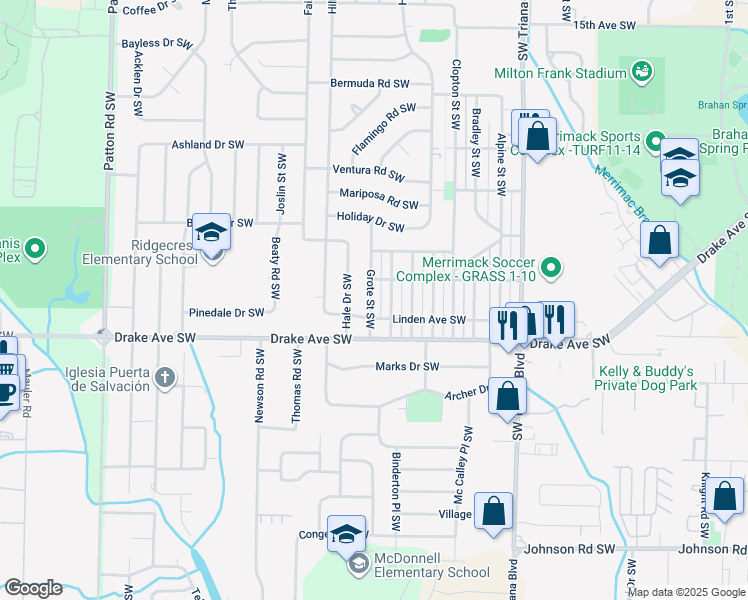 map of restaurants, bars, coffee shops, grocery stores, and more near 3611 Grote Street Southwest in Huntsville