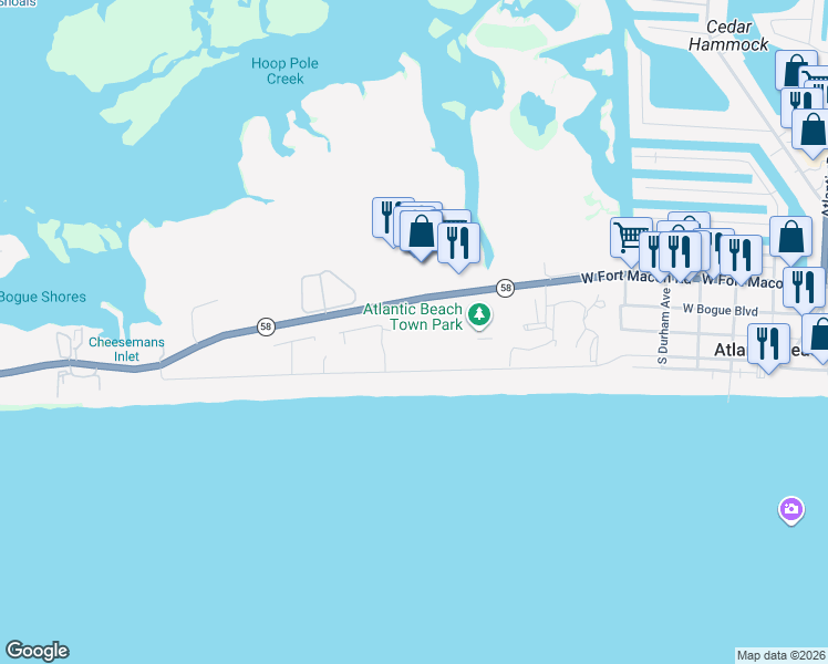 map of restaurants, bars, coffee shops, grocery stores, and more near 502 Ocean Ridge Drive in Atlantic Beach