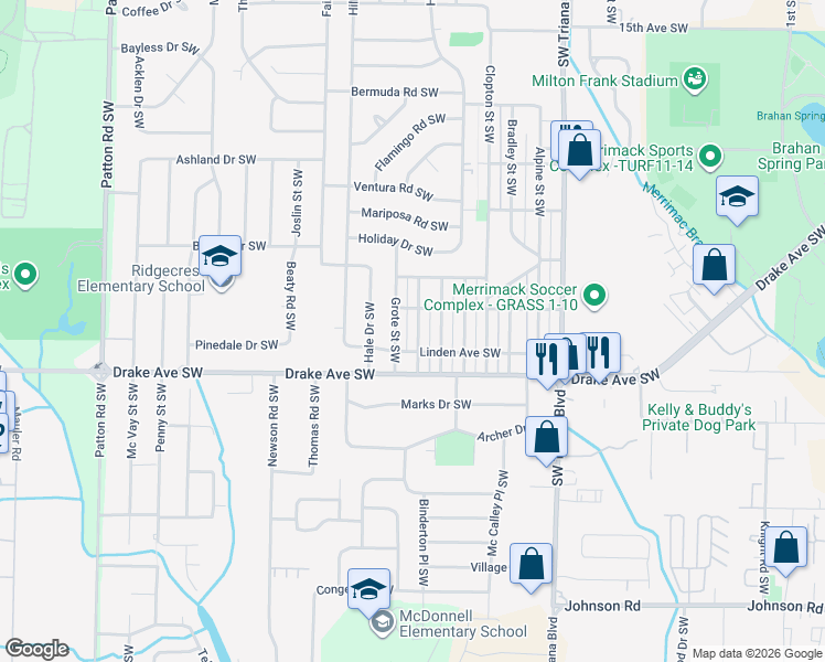 map of restaurants, bars, coffee shops, grocery stores, and more near 3610 Fairview Street Southwest in Huntsville