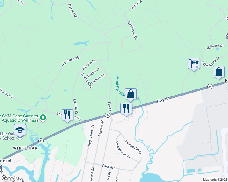 map of restaurants, bars, coffee shops, grocery stores, and more near 174 Fox Drive in Cape Carteret