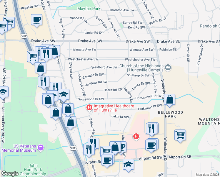 map of restaurants, bars, coffee shops, grocery stores, and more near 3400 Ohara Road Southwest in Huntsville