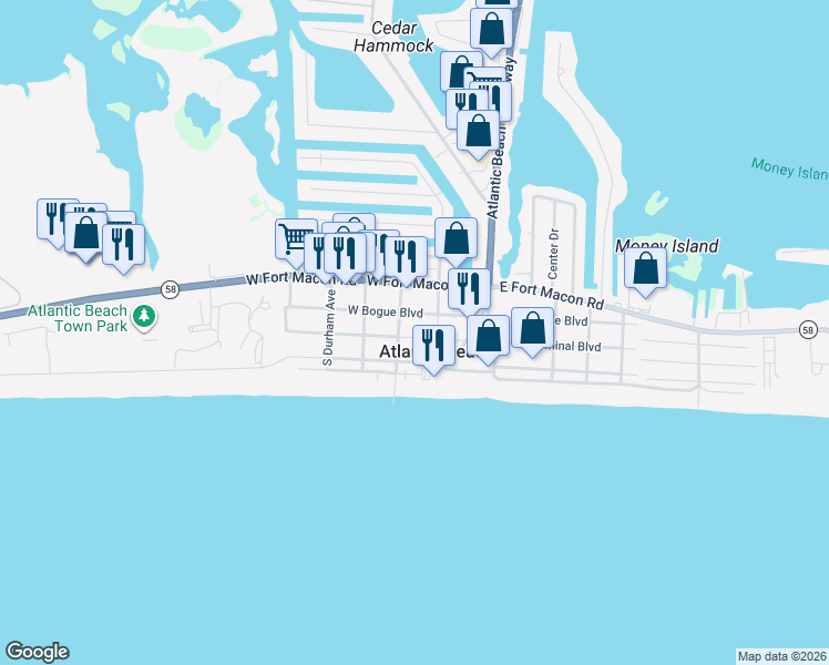map of restaurants, bars, coffee shops, grocery stores, and more near 210 West Terminal Boulevard in Atlantic Beach