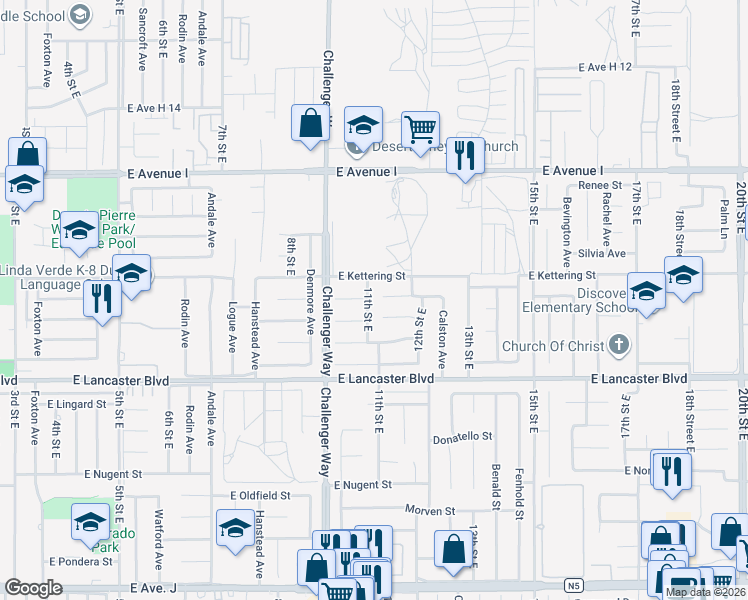 map of restaurants, bars, coffee shops, grocery stores, and more near 44930 11th Street East in Lancaster