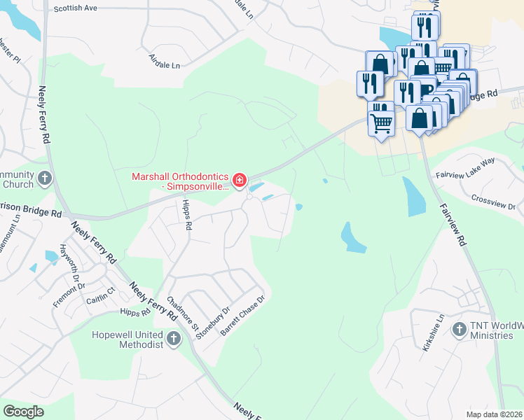 map of restaurants, bars, coffee shops, grocery stores, and more near 101 Sunlit Drive in Simpsonville
