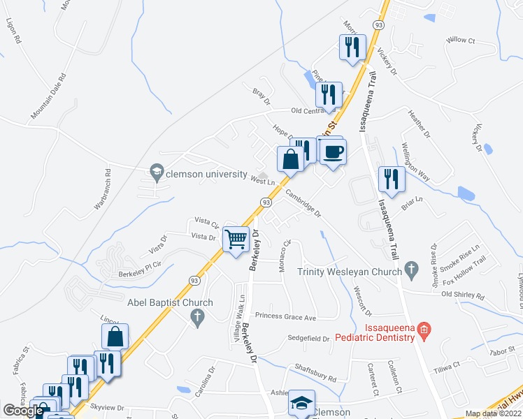 map of restaurants, bars, coffee shops, grocery stores, and more near 107 Airport Road in Clemson