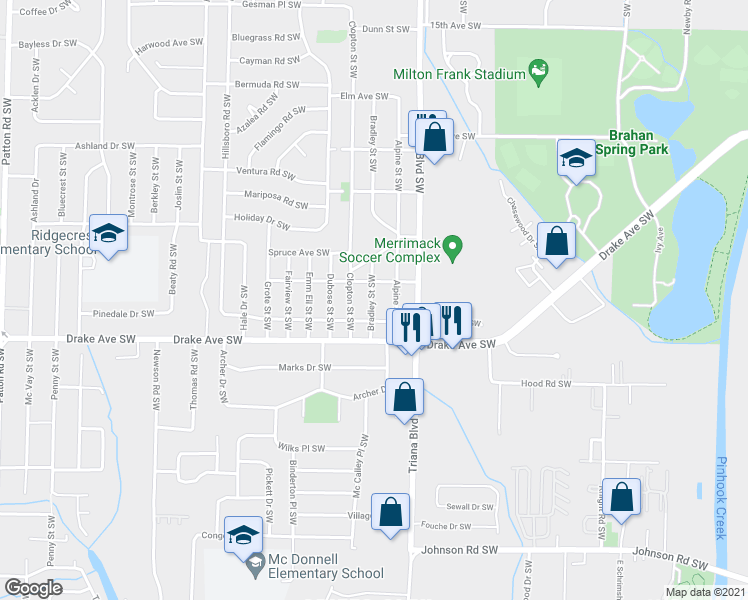 map of restaurants, bars, coffee shops, grocery stores, and more near 3609 Bradley Street Southwest in Huntsville