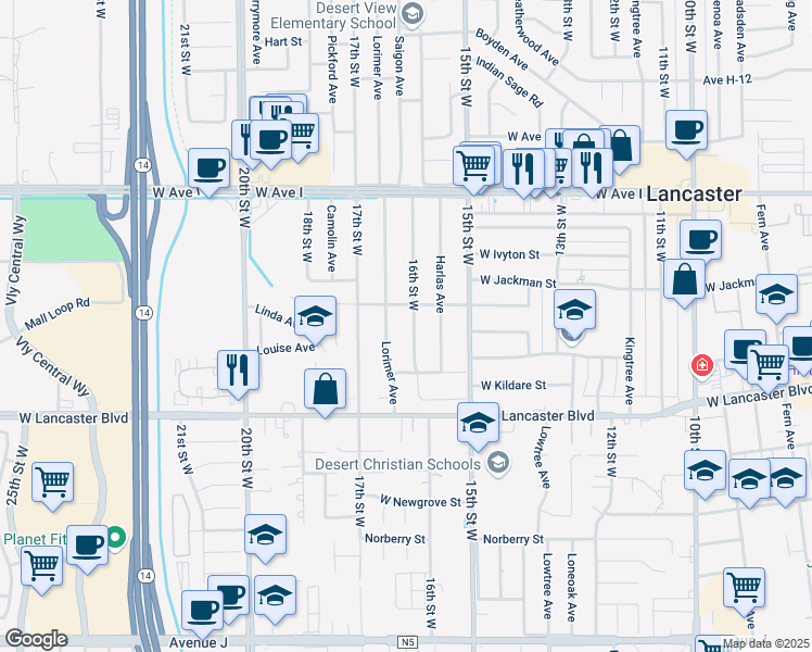 map of restaurants, bars, coffee shops, grocery stores, and more near 44933 16th Street West in Lancaster