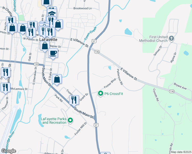 map of restaurants, bars, coffee shops, grocery stores, and more near 129 Foster Circle in LaFayette