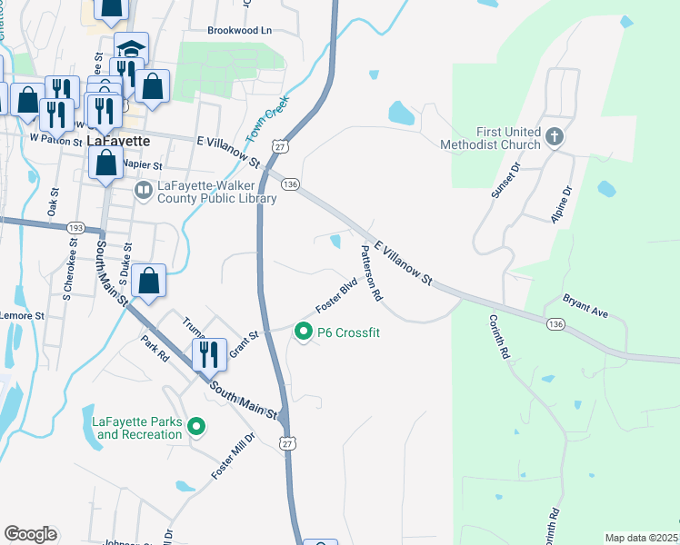 map of restaurants, bars, coffee shops, grocery stores, and more near 127 Foster Circle in LaFayette