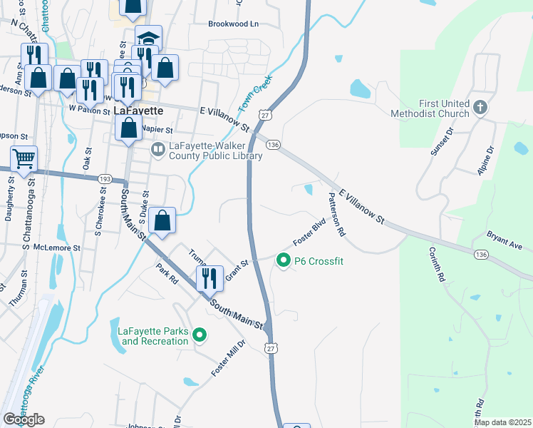 map of restaurants, bars, coffee shops, grocery stores, and more near 135 Foster Circle in LaFayette
