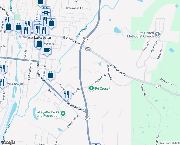 map of restaurants, bars, coffee shops, grocery stores, and more near 125 Foster Circle in LaFayette