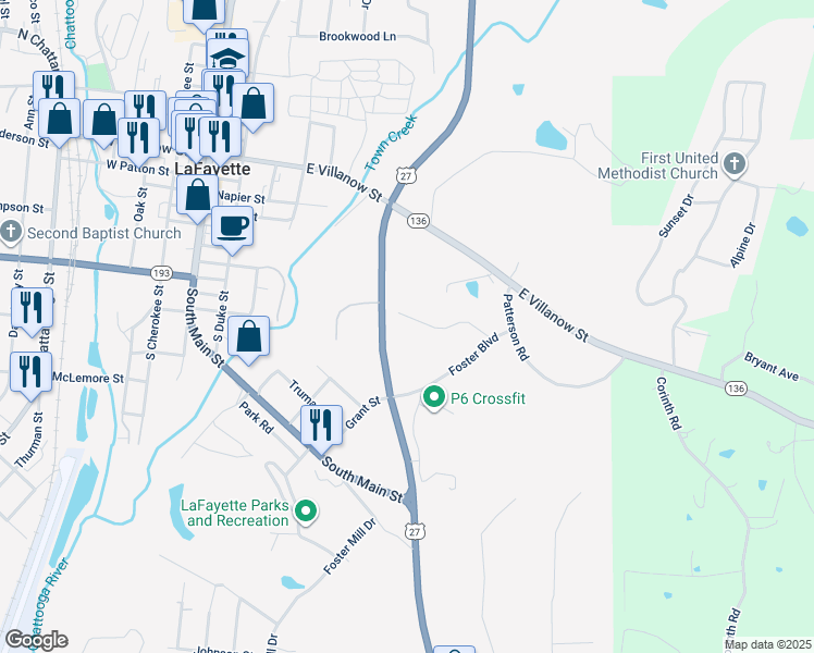 map of restaurants, bars, coffee shops, grocery stores, and more near 139 Foster Circle in LaFayette