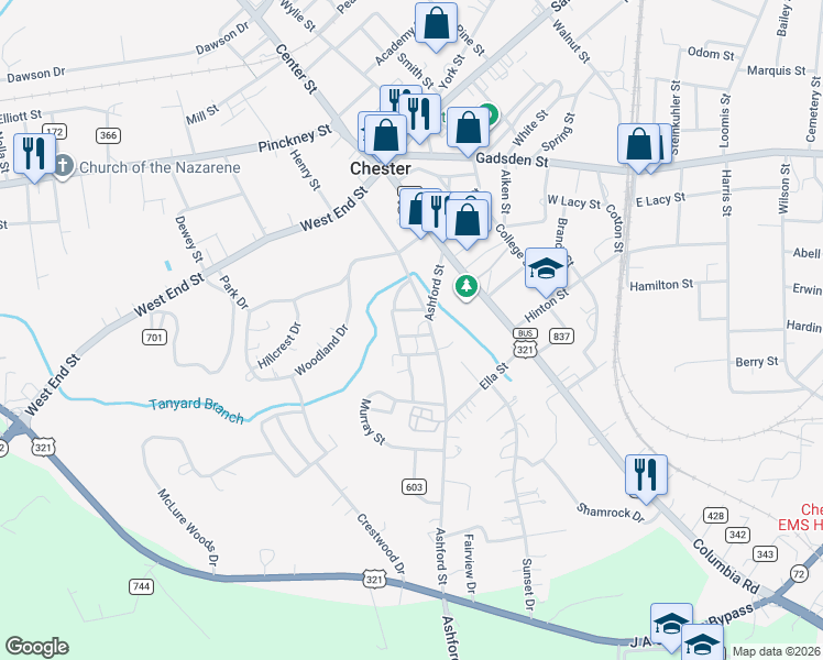map of restaurants, bars, coffee shops, grocery stores, and more near 109 Brooklyn Street in Chester