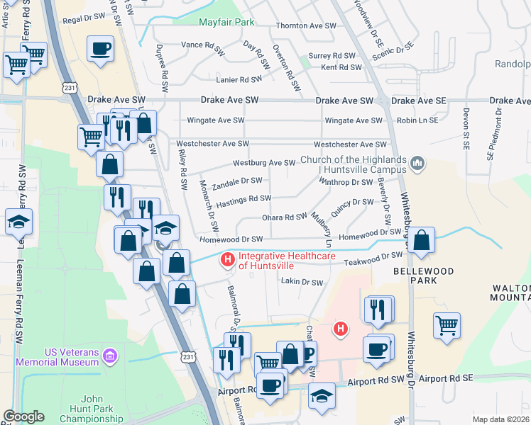 map of restaurants, bars, coffee shops, grocery stores, and more near 3400 Ohara Road Southwest in Huntsville