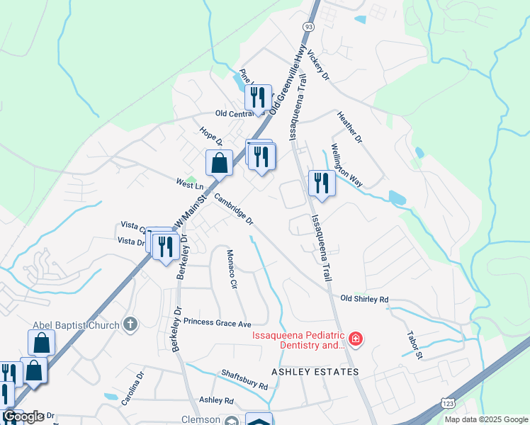 map of restaurants, bars, coffee shops, grocery stores, and more near 140 Cambridge Drive in Clemson