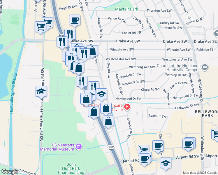 map of restaurants, bars, coffee shops, grocery stores, and more near 3221 Riley Road Southwest in Huntsville