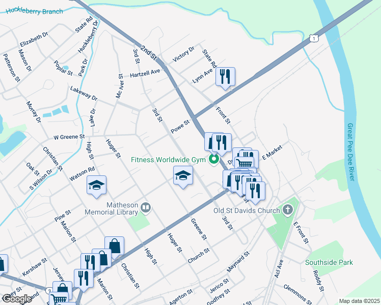 map of restaurants, bars, coffee shops, grocery stores, and more near 216 Kershaw Street in Cheraw