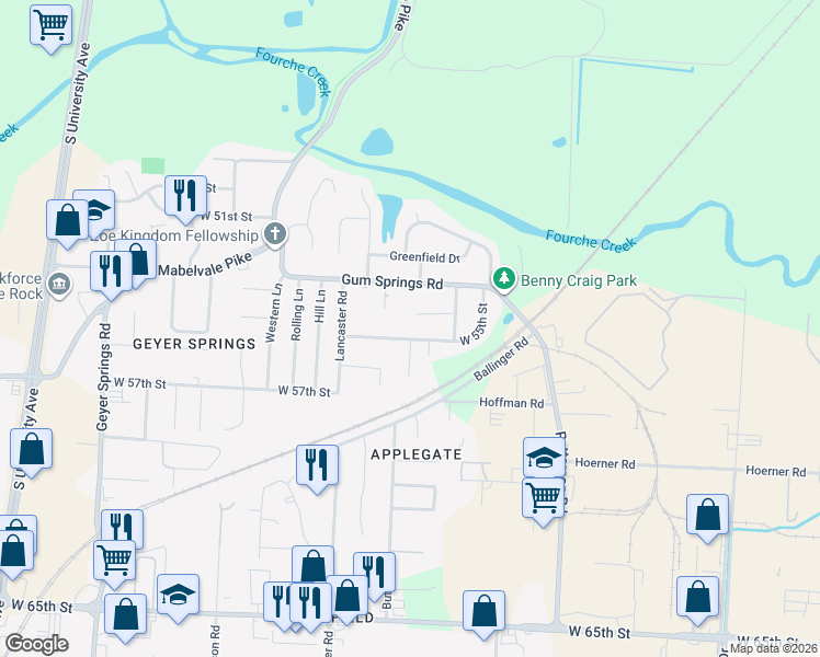 map of restaurants, bars, coffee shops, grocery stores, and more near 4904 West 55th Street in Little Rock