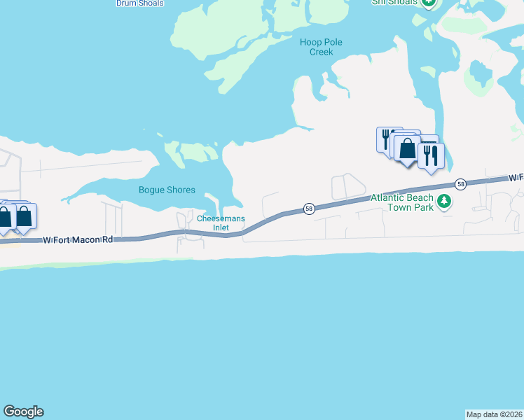 map of restaurants, bars, coffee shops, grocery stores, and more near Coral Bay Ct in Atlantic Beach