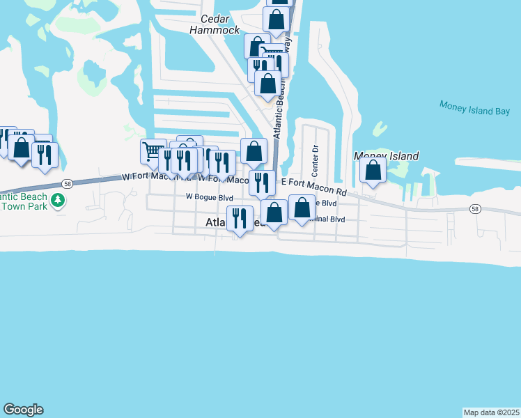 map of restaurants, bars, coffee shops, grocery stores, and more near 107 West Bogue Boulevard in Atlantic Beach