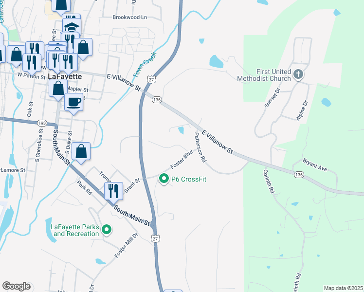 map of restaurants, bars, coffee shops, grocery stores, and more near 133 Foster Circle in LaFayette