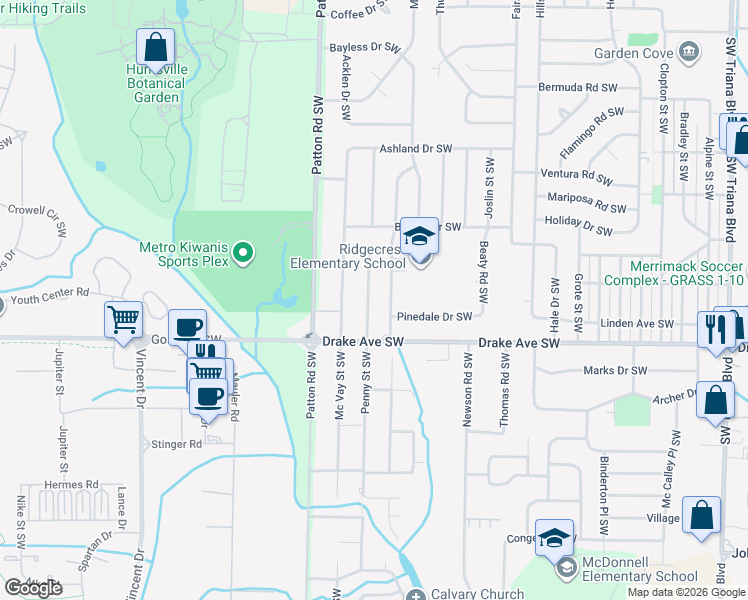 map of restaurants, bars, coffee shops, grocery stores, and more near 3706 Penny Street Southwest in Huntsville