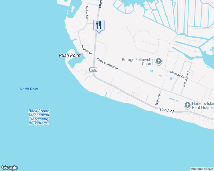map of restaurants, bars, coffee shops, grocery stores, and more near 506 Island Road in Harkers Island