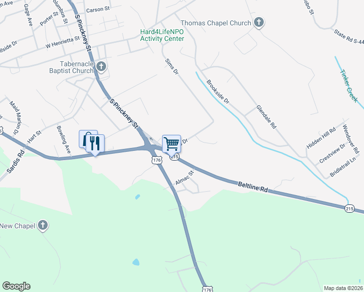 map of restaurants, bars, coffee shops, grocery stores, and more near 211 Sims Drive in Union