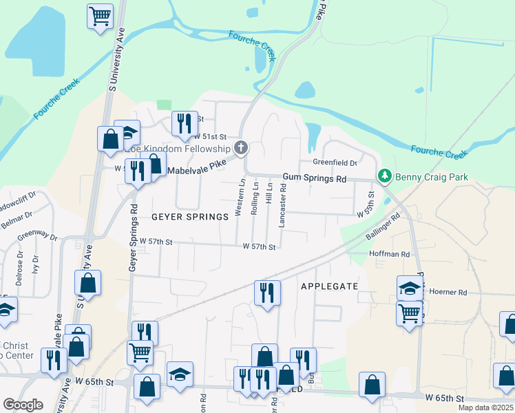 map of restaurants, bars, coffee shops, grocery stores, and more near 9 Rolling Lane in Little Rock