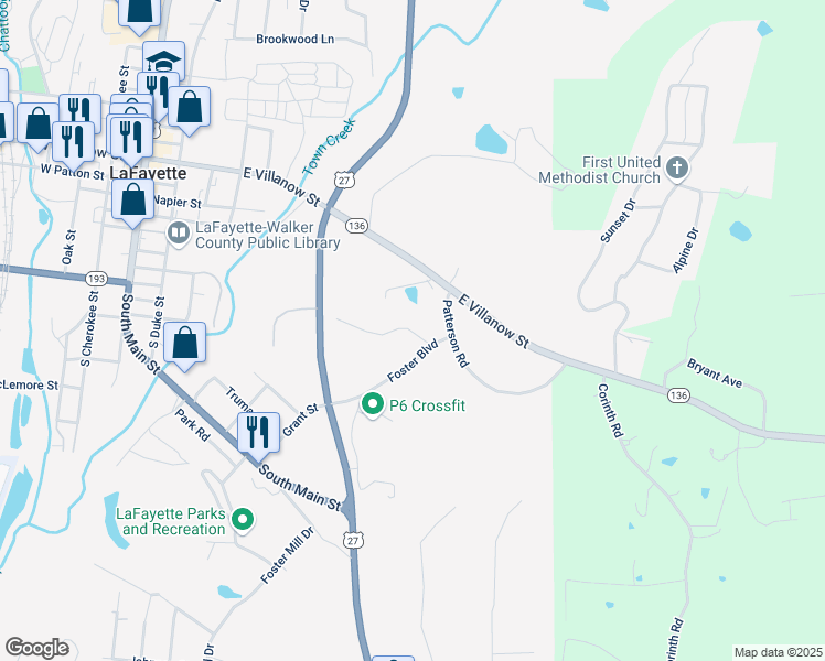 map of restaurants, bars, coffee shops, grocery stores, and more near 135 Foster Circle in LaFayette