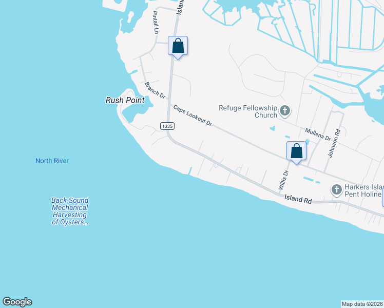 map of restaurants, bars, coffee shops, grocery stores, and more near 506 Island Road in Harkers Island