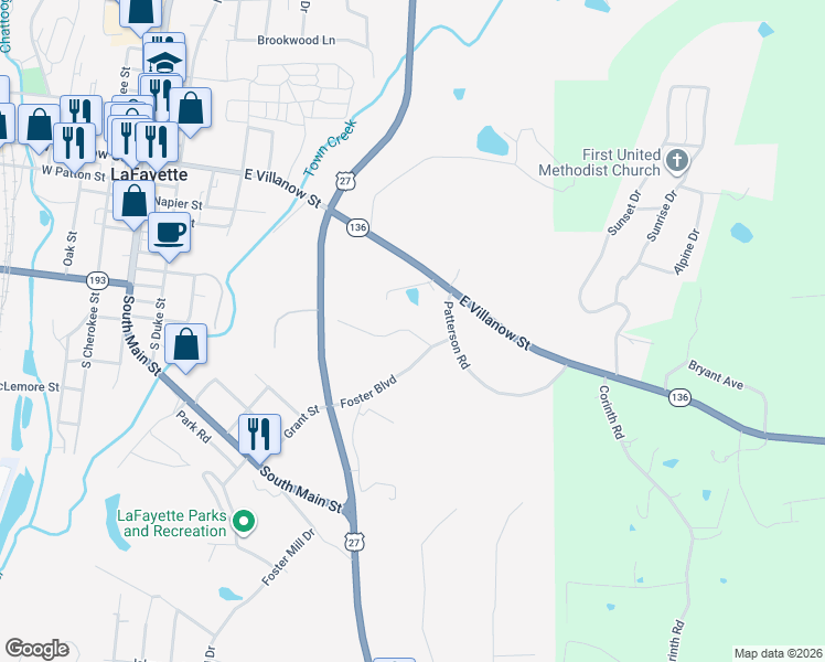 map of restaurants, bars, coffee shops, grocery stores, and more near 137 Foster Circle in LaFayette