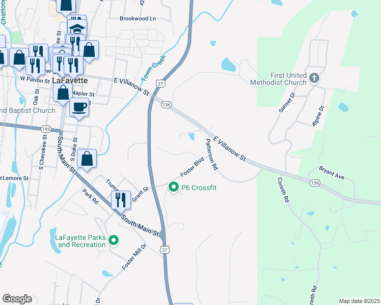 map of restaurants, bars, coffee shops, grocery stores, and more near 139 Foster Circle in LaFayette