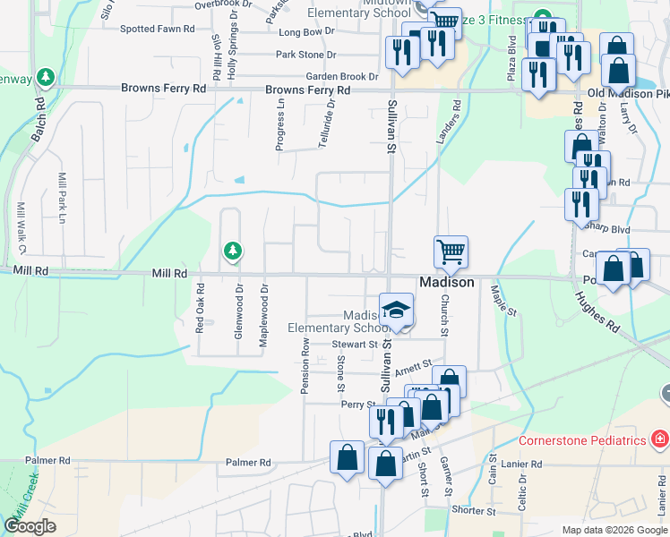 map of restaurants, bars, coffee shops, grocery stores, and more near 365 Mill Road in Madison