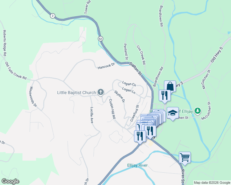 map of restaurants, bars, coffee shops, grocery stores, and more near 287 Skyline Drive in Ellijay