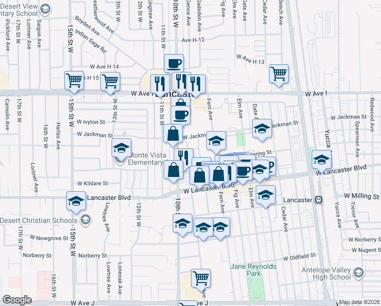 map of restaurants, bars, coffee shops, grocery stores, and more near 44916 10th Street West in Lancaster