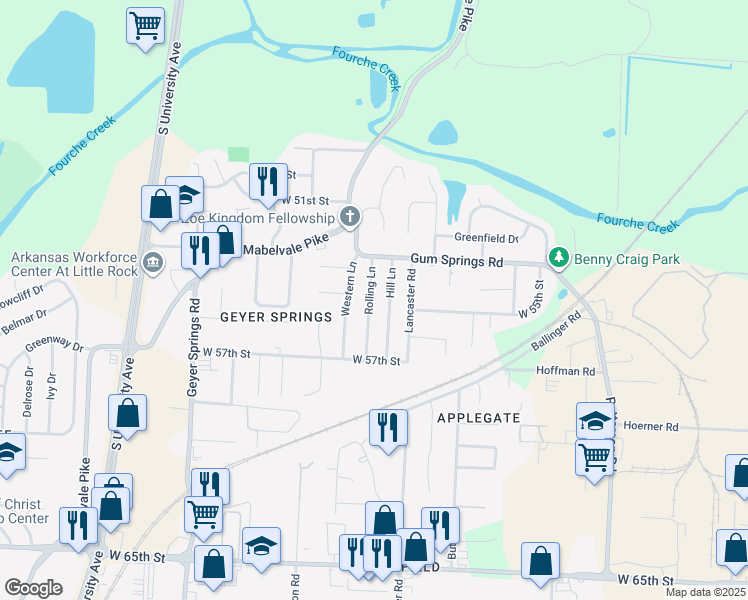 map of restaurants, bars, coffee shops, grocery stores, and more near 9 Rolling Lane in Little Rock