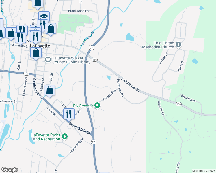 map of restaurants, bars, coffee shops, grocery stores, and more near 141 Foster Circle in LaFayette