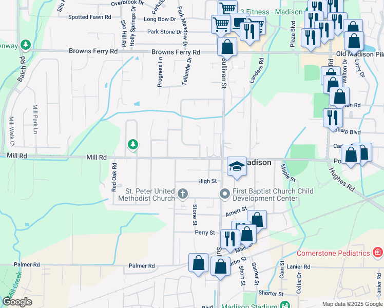 map of restaurants, bars, coffee shops, grocery stores, and more near 378 Mill Road in Madison
