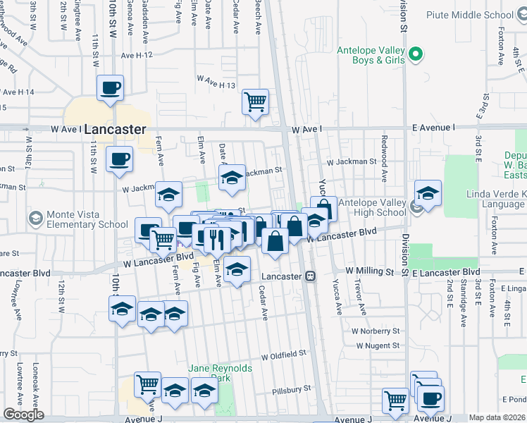 map of restaurants, bars, coffee shops, grocery stores, and more near 44936 Beech Avenue in Lancaster