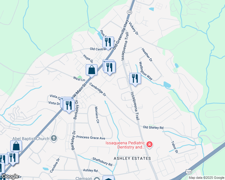 map of restaurants, bars, coffee shops, grocery stores, and more near 140 Cambridge Drive in Clemson