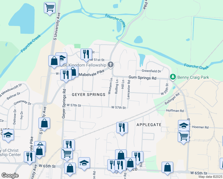 map of restaurants, bars, coffee shops, grocery stores, and more near 9 Rolling Lane in Little Rock